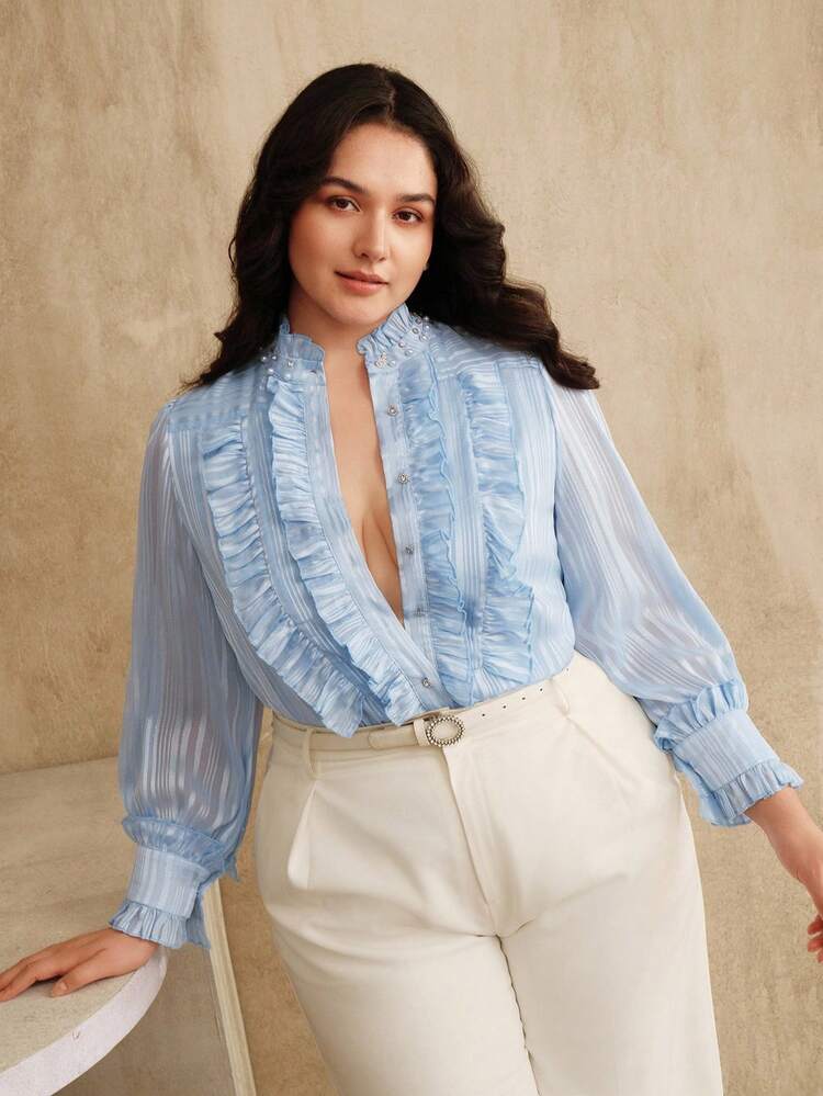 Plus Size Women's Elegant Ruffle Beaded Long Sleeve Blouse