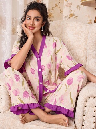 CottageSlumber Conjunto de pijama de mujer con estampado de burbujas y contraste de color en la parte delantera abierta