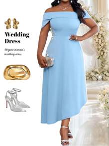Fleurora Plus Size Women's Elegant Summer Light Blue Dress,Off Shoulder Asymmetric Hem Solid Wedding Guest Dress - Blue - View 1