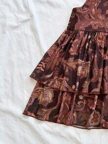 Soleia 女士度假棕色性感豹纹花卉印花深 V 领露背系带腰部荷叶边下摆迷你连衣裙，适合派对、婚礼、性感约会、下午茶、城市度假、音乐节、海滩度假、夏季服装，可作为沙滩裙在室内或室外穿着 - 鏽棕色 - 查看 4