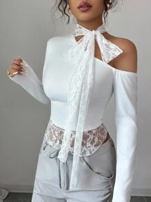 INAWLY Blusa asimétrica de manga larga con escote halter, parches de encaje francés sexy y cordones, para otoño/invierno - Blanco - Ver 7