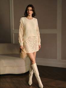 MOTF PREMIUM SUÉTER ROMÁNTICO CON BORDADO DE LENTEJUELAS Y PARCHES EN LAS MANGAS, ADECUADO PARA CITAS DE OTOÑO/INVIERNO - Beis - Ver 6