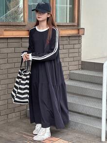 DAZY 少女 A 字连衣裙，宽松休闲小图案刺绣撞色丝带，秋季 - 藏蓝色 - 查看 3