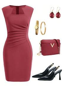 Amorya Women's Elegant Solid Color Ruffle Sleeveless Fitted Dress - Coral Pink - View 7