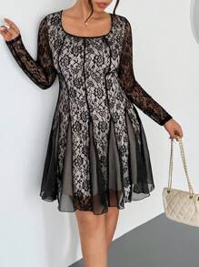 Firerie Plus Size Women Elegant Fitted Lace Rose Flared Mesh Patchwork Cocktail Party Formal Dress, Long Sleeve - Black - View 2