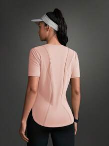 女士休闲运动网眼拼布圆领短袖 T 恤 - 珊瑚粉 - 查看 10