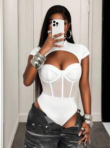 BamGleam 春夏季日常休闲性感度假鱼骨网小高领女士紧身衣 - 白色 - 查看 4