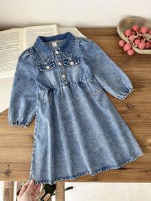 SHEIN Girls' Autumn Stylish High-End Washed Denim Dress, Suitable For Mild Weather Travel, Vacation, School Events, Parties, Birthdays - Baby Blue - View 7