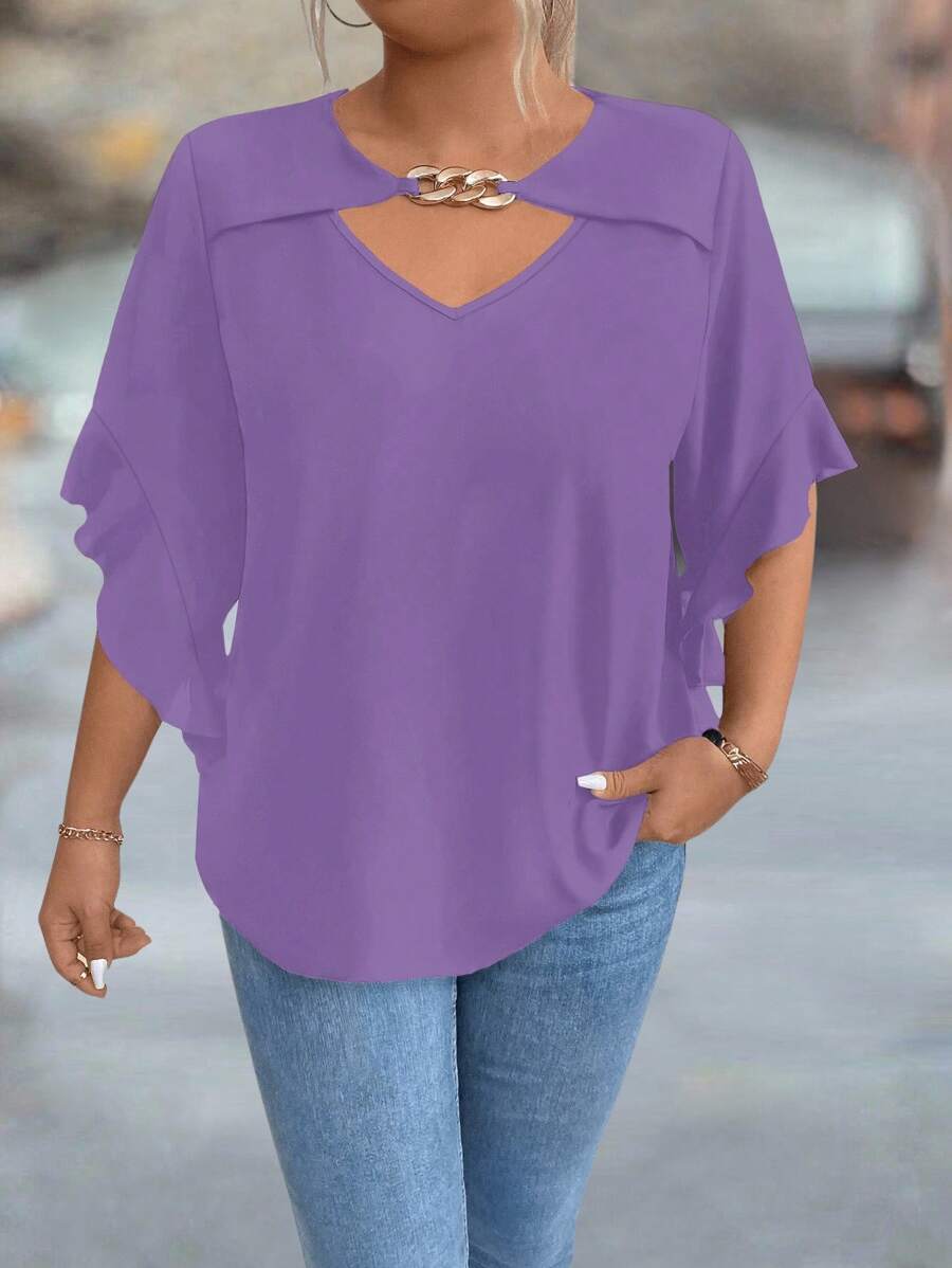 Plus Size Hollow Collar Ruffle Sleeve Solid Color Blouse - Purple - View 1