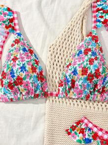 Swim Mod 大码女式两件套，碎花可爱复古风荷叶边设计，适合夏季海滩度假 - 彩色 - 查看 3