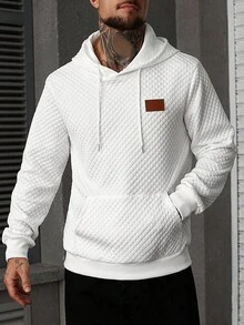 Manfinity Homme 男士休闲百搭连帽卫衣，饰有精美贴片，白色绗缝连帽衫，秋季长袖上衣 - 白色 - 查看 3