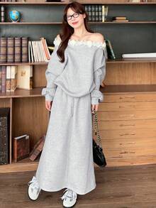 DAZY Women's Casual Ruffled Shoulder & Skirt 2 Pieces Set, Spring/Autumn Off Shoulder Top - Grey - View 5