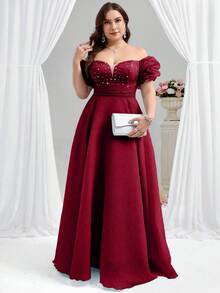 Coutiva 优雅落肩热格纹水钻深 V 领泡泡褶短袖摇摆舞会礼服，适合生日派对、毕业典礼、晚宴