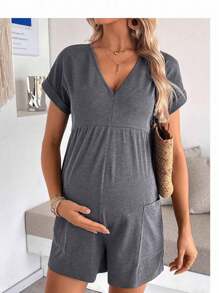 SHEIN 孕妇休闲条纹连体裤 - 灰色 - 查看 1