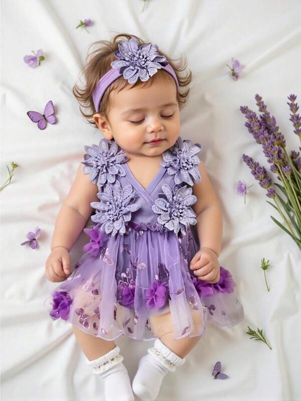 SHEIN Vestido elegante y adorable de princesa con bordado de flores 3D, de tul púrpura, para bebé niña, con diadema, adecuado para recién nacidos de 0 a 9 meses, apto para cumpleaños, Día de los Caídos, sesión de fotos, niña de las flores para bodas, actividades al aire libre, celebraciones festivas