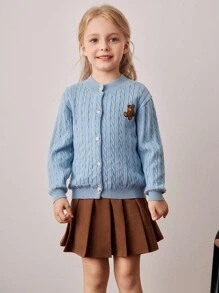 PrepCrw 少女学院风小熊刺绣贴片针织开衫 - 藍色 - 查看 1