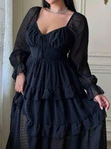 Lyrianda 全新优雅雪纺纹理波尔卡圆点蝴蝶结装饰胸围泡泡袖腰部收紧喇叭下摆连衣裙 - 黑色 - 查看 7