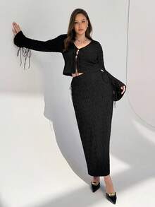 Auralis Plus-Size Ladies' Long Sleeve Suit, Ladies' Casual Suit, Black Suit, Blouse And Skirt Suit, Ladies' Two Pieces Suit,Fall Clothes For Women Lounge Sets For Women Rave Outfits Festival Going Out Outfits - Black - View 5