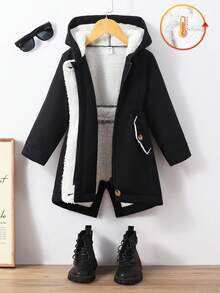 男童黑色夹克，松紧腰带，装饰性口袋，保暖内衬，时尚休闲，适合秋冬季穿着。 - 黑色 - 查看 3