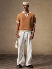AKNOTIC Men's Casual Polo Collar Short Sleeve Knit Top - Apricot - View 7
