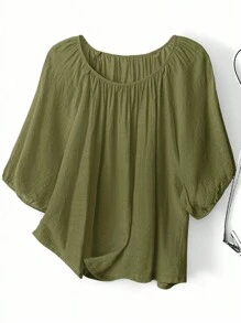 EMERY ROSE Áo sơ mi tay đèn lồng màu trơn thường ngày cỡ lớn - xanh quân đội - Xem 1