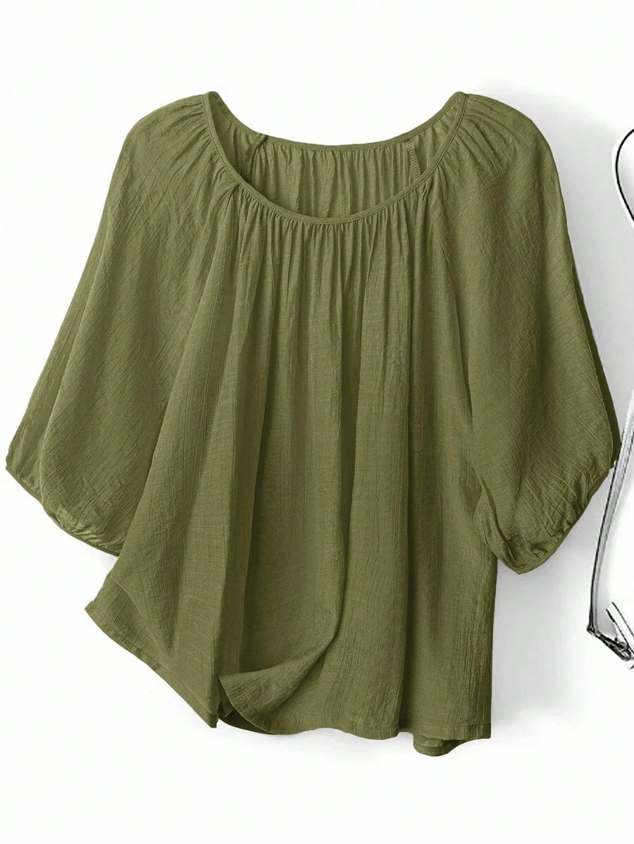 EMERY ROSE Áo sơ mi tay đèn lồng màu trơn thường ngày cỡ lớn - xanh quân đội - Xem 1