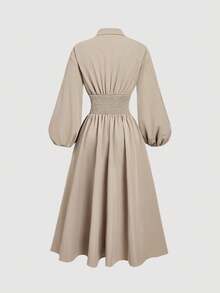 SHEIN MOD Váy sơ mi kaki cổ điển thường ngày, dài đến giữa bắp chân, tay dài, cổ chữ V - Hoàn hảo cho các buổi hẹn hò, tiệc tùng và ngày lễ, phù hợp với phong cách phương Tây, trang phục công sở, đi làm - Màu Khaki - Xem 2