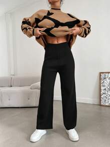 EURMUSE Graphic Pattern Drop Shoulder Sweater & Knit Pants - Brown - View 3