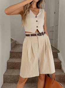SHEIN LUNE Camisa sin mangas de mujer de unicolor con escote en V y abotonadura sencilla para oficina