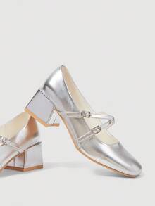 CUCCOO DOLLMOD 女士银色金属交叉带玛丽珍厚底高跟鞋，可爱校园风高跟鞋 - 銀色 - 查看 2