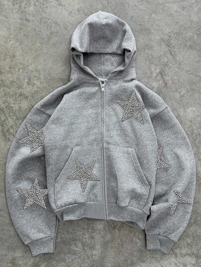 Glimmora Sudadera con capucha con cremallera y estampado de estrella, estilo de moda callejera para mujer