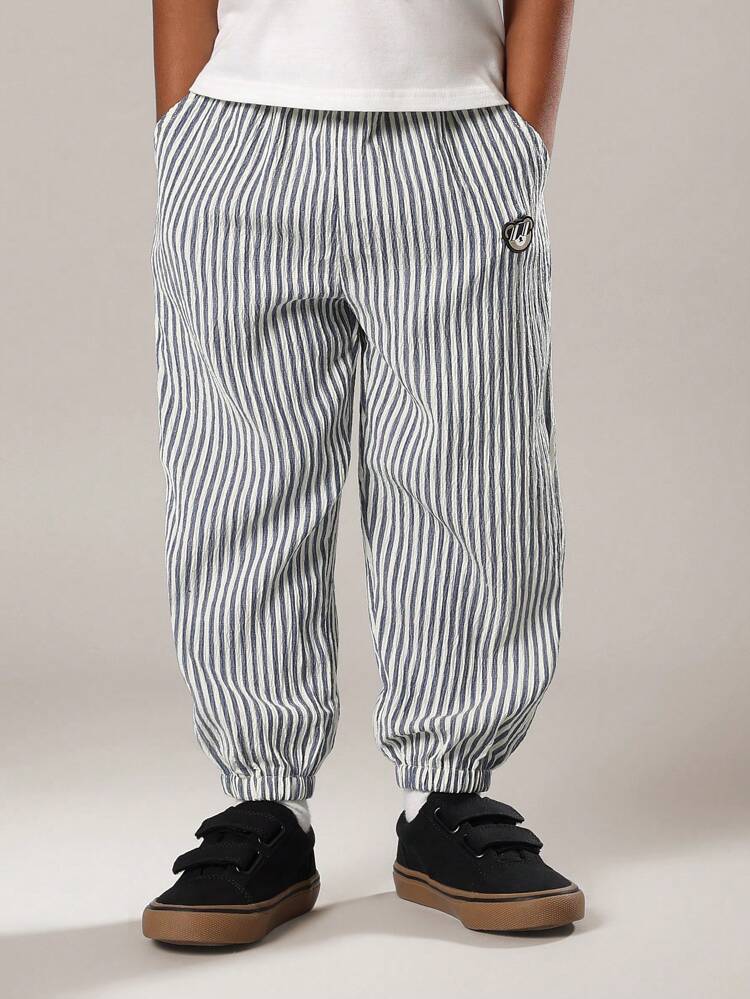 Seersucker Striped Jogger Pants With Elastic Ankles