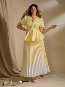 Roveilla 2 Pieces Plus Size Ombre Elegant V-Neck Top & Pleated Skirt Set