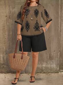 EMERY ROSE Plus Size Women Floral Print Short Sleeve Shirt And Shorts Casual Loose 2 Pieces Set Bohemian Fall Clothes For Women