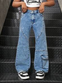 Tween Girls Y2K Style Vintage Washed Denim Jeans, Multi-Pocket Design, Fashion Flare Leg, Side Pocket Patchwork, Autumn New Arrival - Medium Wash - View 4