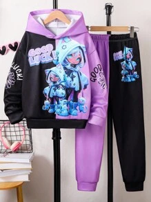 Sparklyn Tween Girls 休闲“Lucky Gamer Girl”3D 数码印花连帽运动衫，舒适运动风格连帽衫套装，适合秋冬 - 彩色 - 查看 5