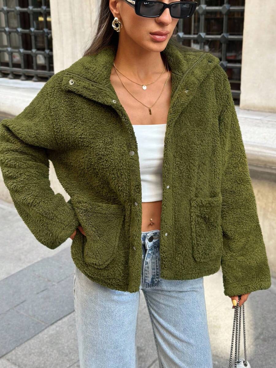 EURMUSE Women's Fuzzy Fleece Button-Up Jacket With Pockets - Green - View 1