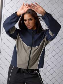 SHEIN Sports Women Sports Jackets Y2K Zip-Up Loose Casual Jacket, Spring & Autumn, Fall Winter Jackets, Nylon Jackets, Sportswear, Daily Wear Jacket Activewear, Sportwear, Tracksuit, Back To School, Retro Streetwear Streetstyle. Preppy, Blokecore, Women Athleisure Women Athleisure Wear Jacket Women Track Jacket Zip Up Jacket Women Workout Zip Up Sportswear Women Women Athleisure - Black - View 6