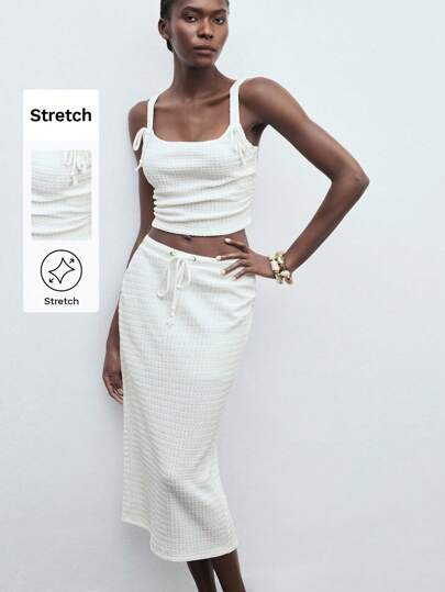 Maija Setelan Wanita Off-White Musim Panas Kasual Liburan Rajutan Bertekstur Jacquard, Atasan Pullover Tanpa Lengan Leher U, Rok dengan Lipatan Berkerut Pinggang Rendah, Pakaian Kantor