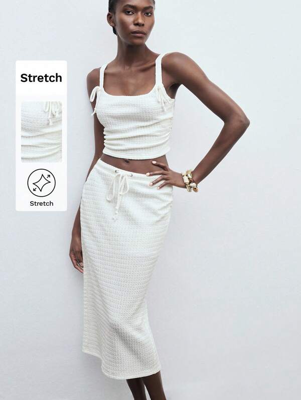 Maija Women Beige Textured Knit Jacquard Butterflies Decor Design Spring Outfit, Elegant Urban Chic Fashion, Sleeveless U-Neck Pullover Top With Back Ribbon Tie Waist, Skirt With Low-Waist Gathered Pleats, Business Casual Office Wear