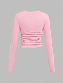 SHEIN Girlism Bộ 3 áo thun tay dài cổ tròn màu trơn cho bé gái tuổi teen - Hồng - Xem 8