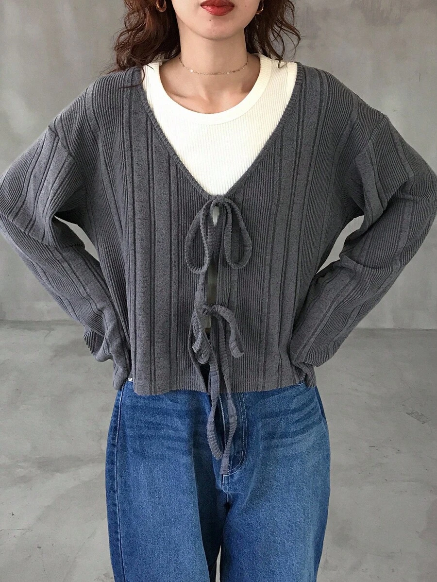 FRIFUL Women's Casual Solid Color Lace-Up Long Sleeve T-Shirt, Spring/Autumn Tie Front Sweater Gray Sweater Knit Top Ribbed Sweater Knitwear