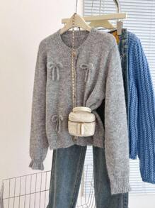 Franclia Casual Solid Color Cardigan With Bow Decor, Suitable For Autumn/Winter Fall Cloth For Women - Light Grey - View 3