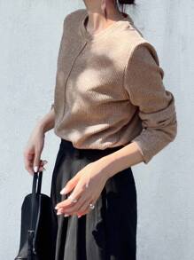 FRIFUL Women's Solid Khaki Round Neck Long Sleeve Loose Casual Versatile T-Shirt, Autumn