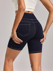 Flexra 休闲时尚百搭修身女式牛仔短裤，夏季 - 深色水洗藍 - 查看 2