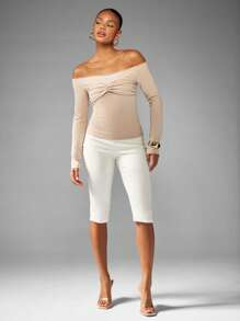 MISSGUIDED Off Shoulder Long Sleeve Top Ruched Front Bustier Detail Elegant Evening Party Occasion Holiday Fitted Blouse Spring Glamorous Sophisticated - Khaki - View 3