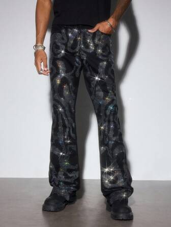 Street Life Jeans alla moda da uomo con tasche e diamanti scintillanti a strati e effetto a campana