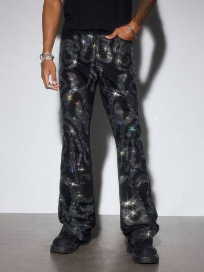 Street Life Men's Fashion Pocket Sparkling Diamond Layered Flare Jeans
