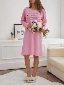EURMUSE PLUS Women Contrast Colour Lettered Round Neck Long Sleeve Homewear Pajama Dress - Pink - View 3