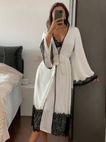 DAZY Women's Sleepwear Pajama Set: Contrast Color Lace Patchwork Belted Robe & Slip Sleep Dress Pajama Fall Winter Clothes - Beige - View 6